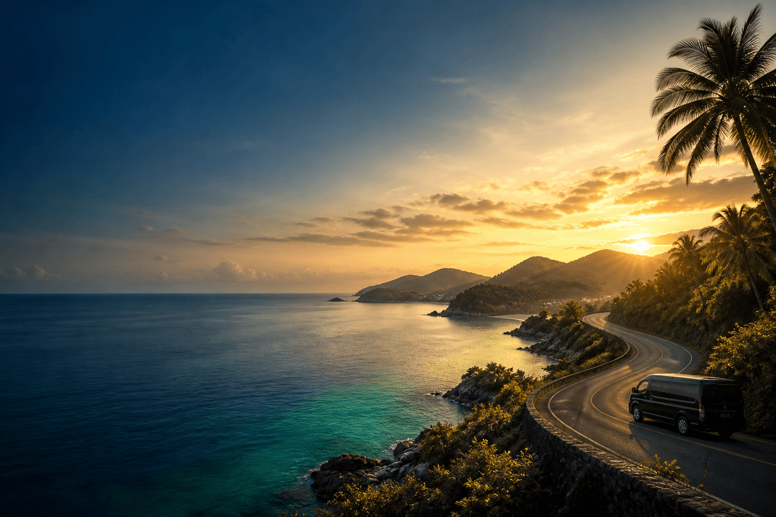 Phuket coast at sunset with a private transfer van