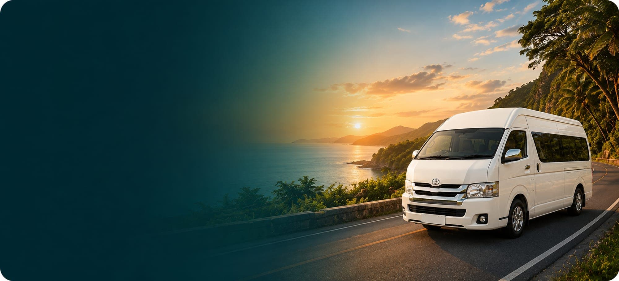 Private van driving along the Phuket coast at sunset