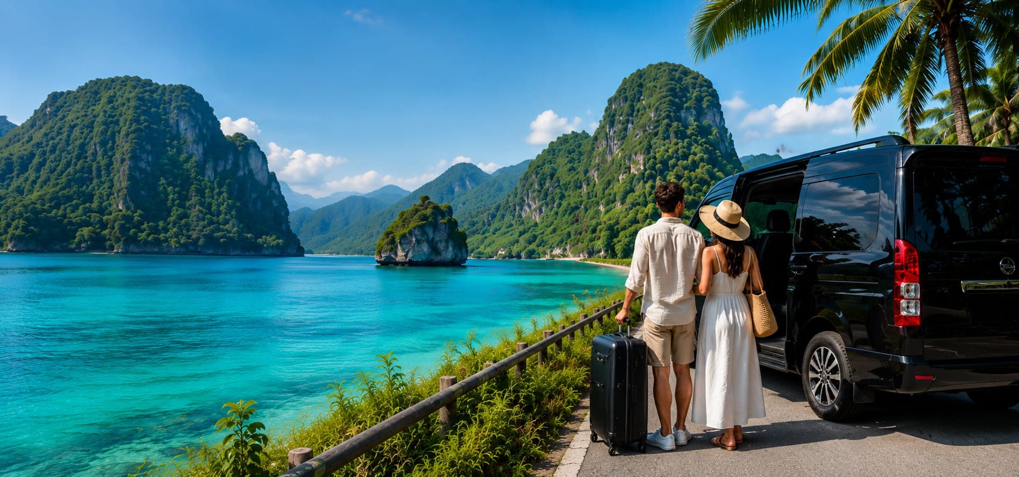 Travellers arriving at a private van on the Phuket coast
