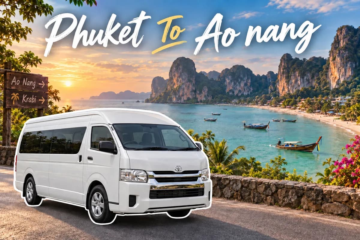 Collage of a white passenger van with Ao Nang beach and Krabi limestone cliffs