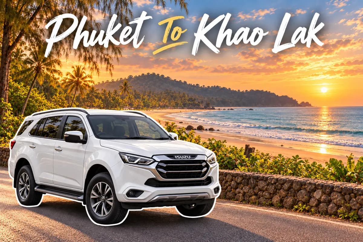 Collage of a white SUV with Khao Lak beach at sunset
