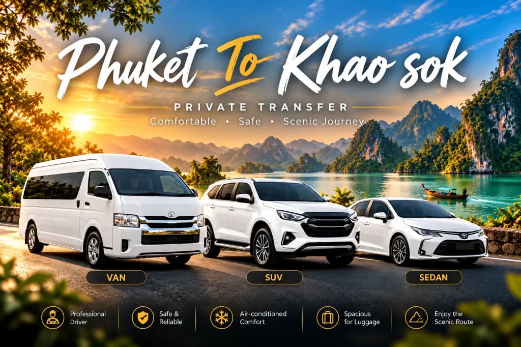 Collage of a white van, SUV, and sedan with Khao Sok lake and limestone mountains