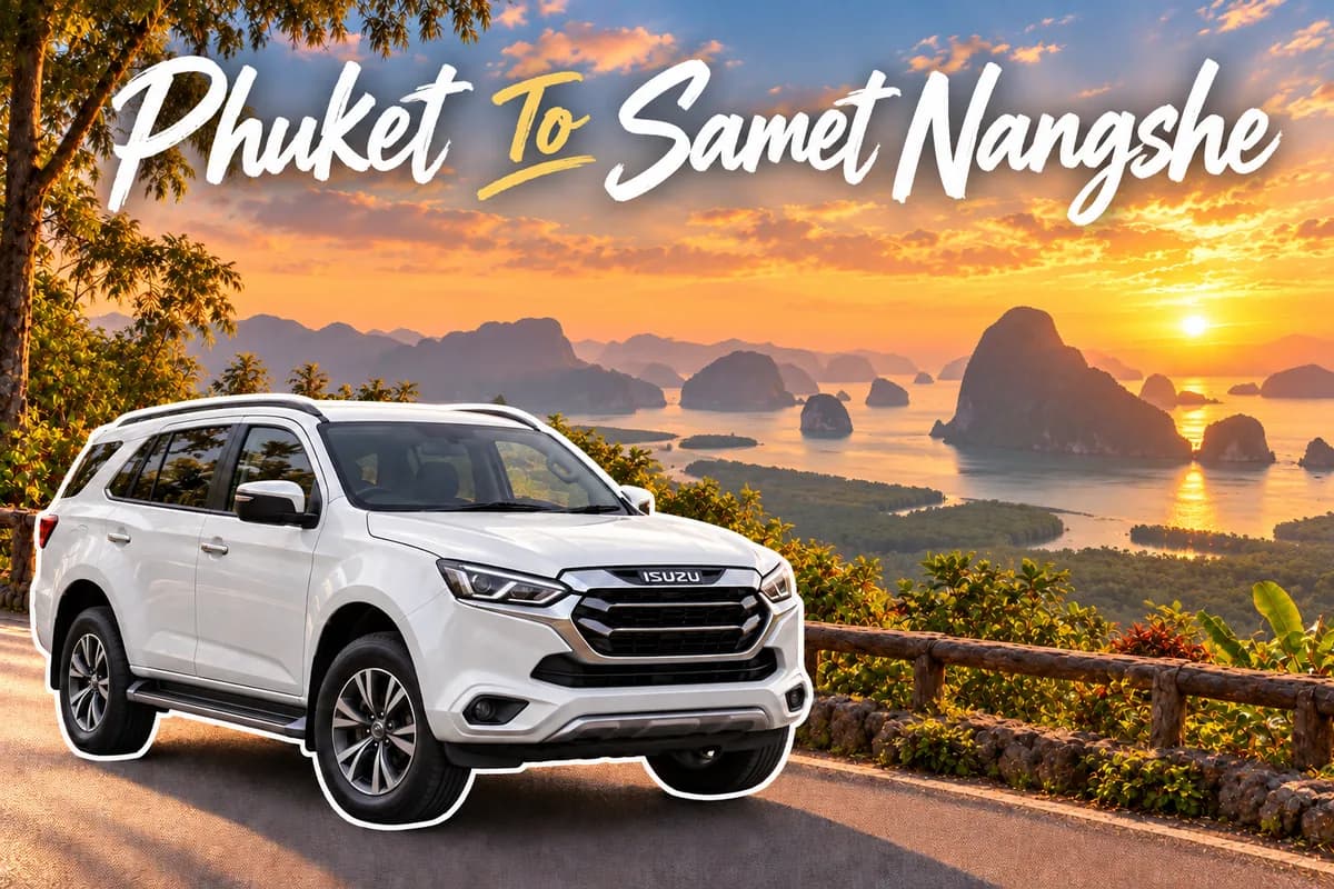 Collage of a white SUV with the Samet Nangshe viewpoint at sunset