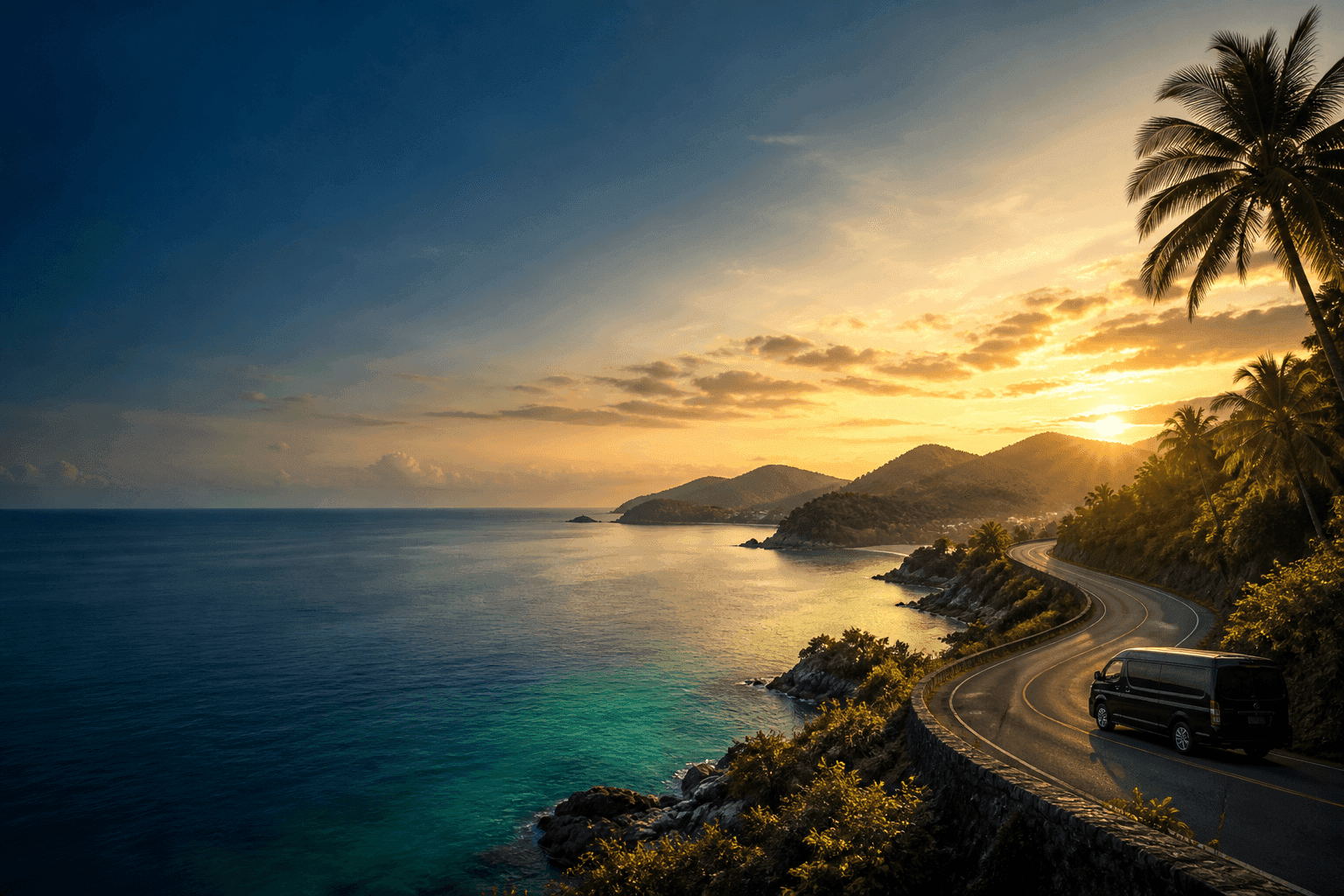 Phuket coast at sunset with a private transfer van