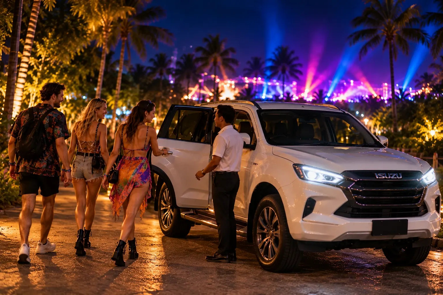 Friends walking to their white SUV after the festival at night, festival lights in the distance, driver holding the door